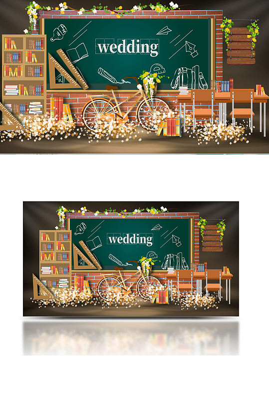 青春校园风婚礼效果图设计合影迎宾背景板