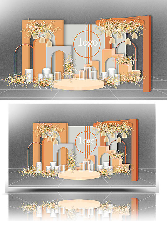 香槟色婚礼迎宾区效果图橙色合影背景板-众图网