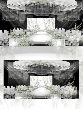 韩式白绿色满天星婚礼水晶吊顶舞台仪式区