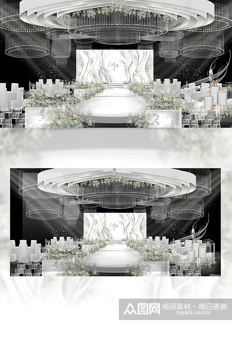 韩式白绿色满天星婚礼水晶吊顶舞台仪式区素材