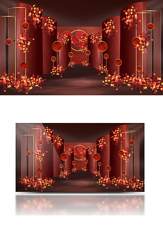 红色婚礼效果图设计红金色舞台迎宾背景板