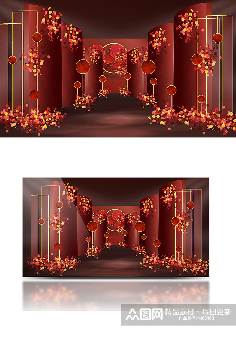 红色婚礼效果图设计红金色舞台迎宾背景板素材
