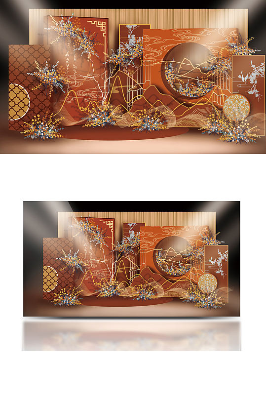 砖红中国风山云大气迎宾效果图橙色新中式-众图网