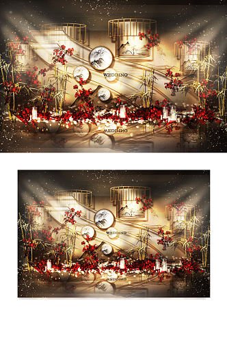新中式婚礼合影区效果图红金色大气背景板