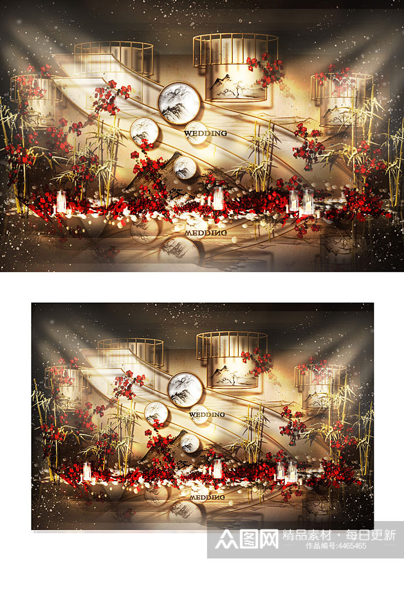 新中式婚礼合影区效果图红金色大气背景板素材