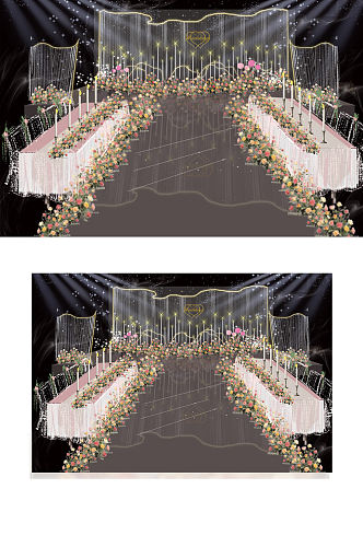 粉金色婚礼舞台背景效果图长桌仪式区花艺