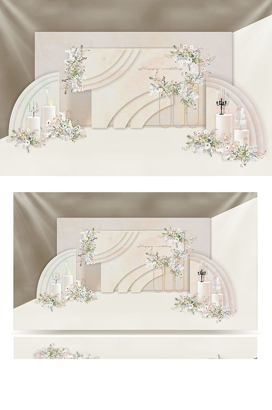 原创简约泰式香槟色合影区婚礼效果图背景-众图网