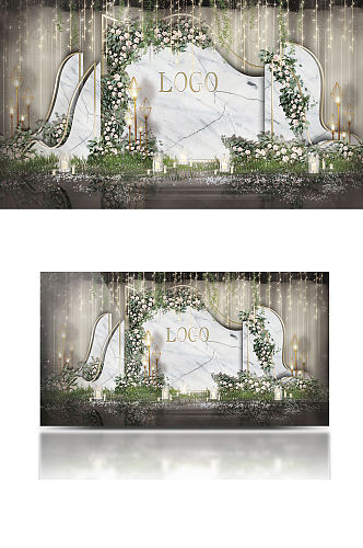 大理石简约婚礼工装效果图白绿色森系背景板