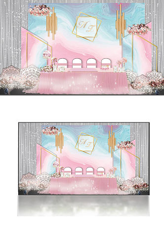 粉蓝婚礼效果图签到区渐变合影甜品台背景板