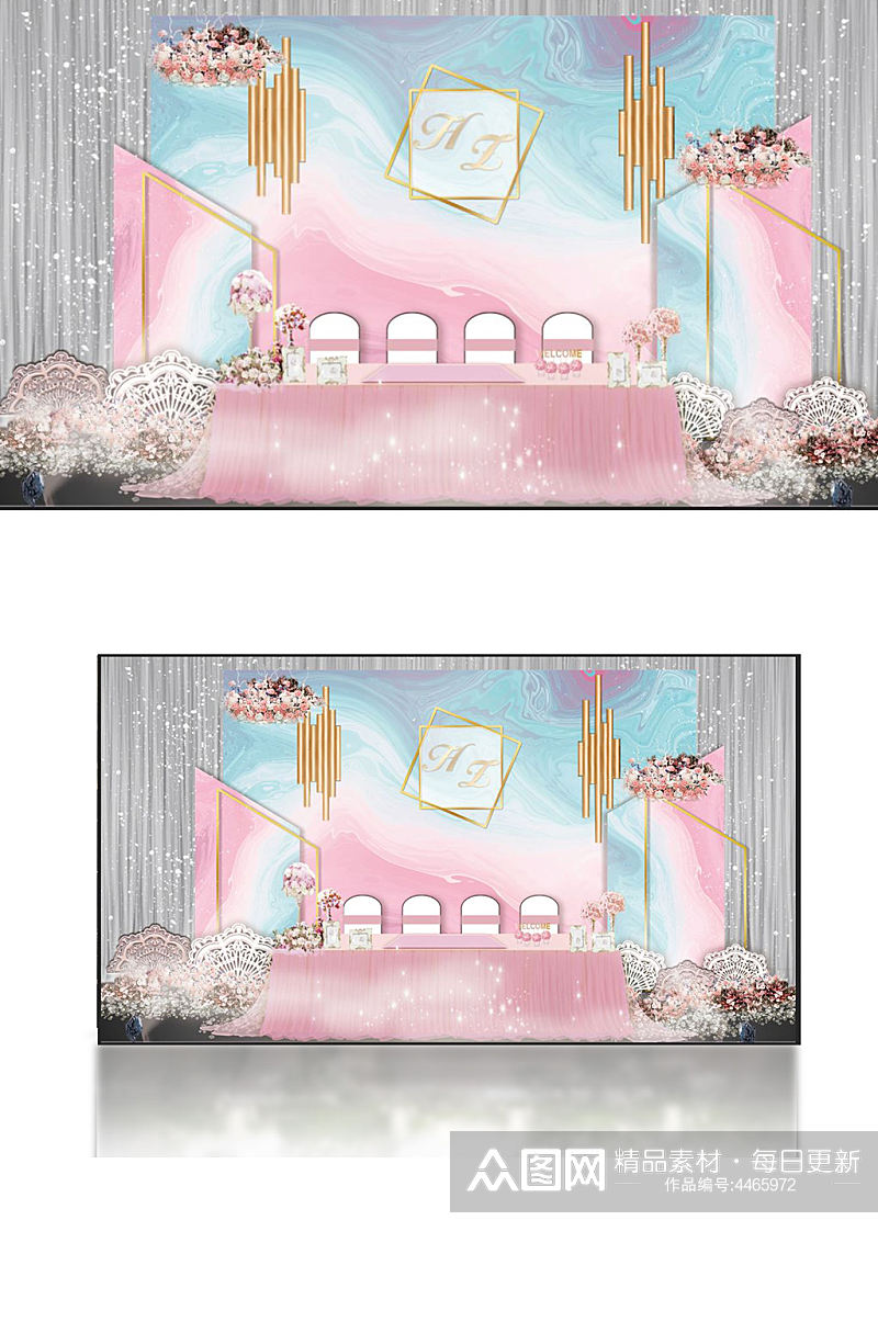粉蓝婚礼效果图签到区渐变合影甜品台背景板素材