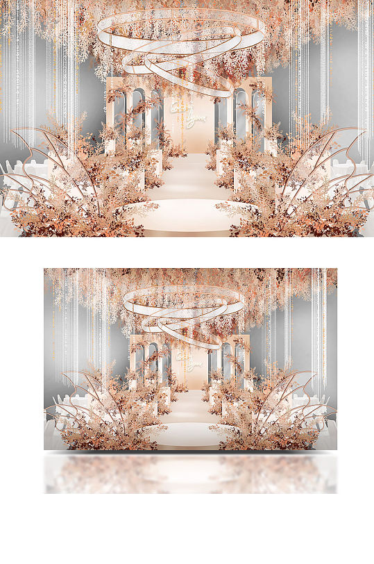 香槟粉色清新大气轻奢仿真花吊顶婚礼效果图-众图网