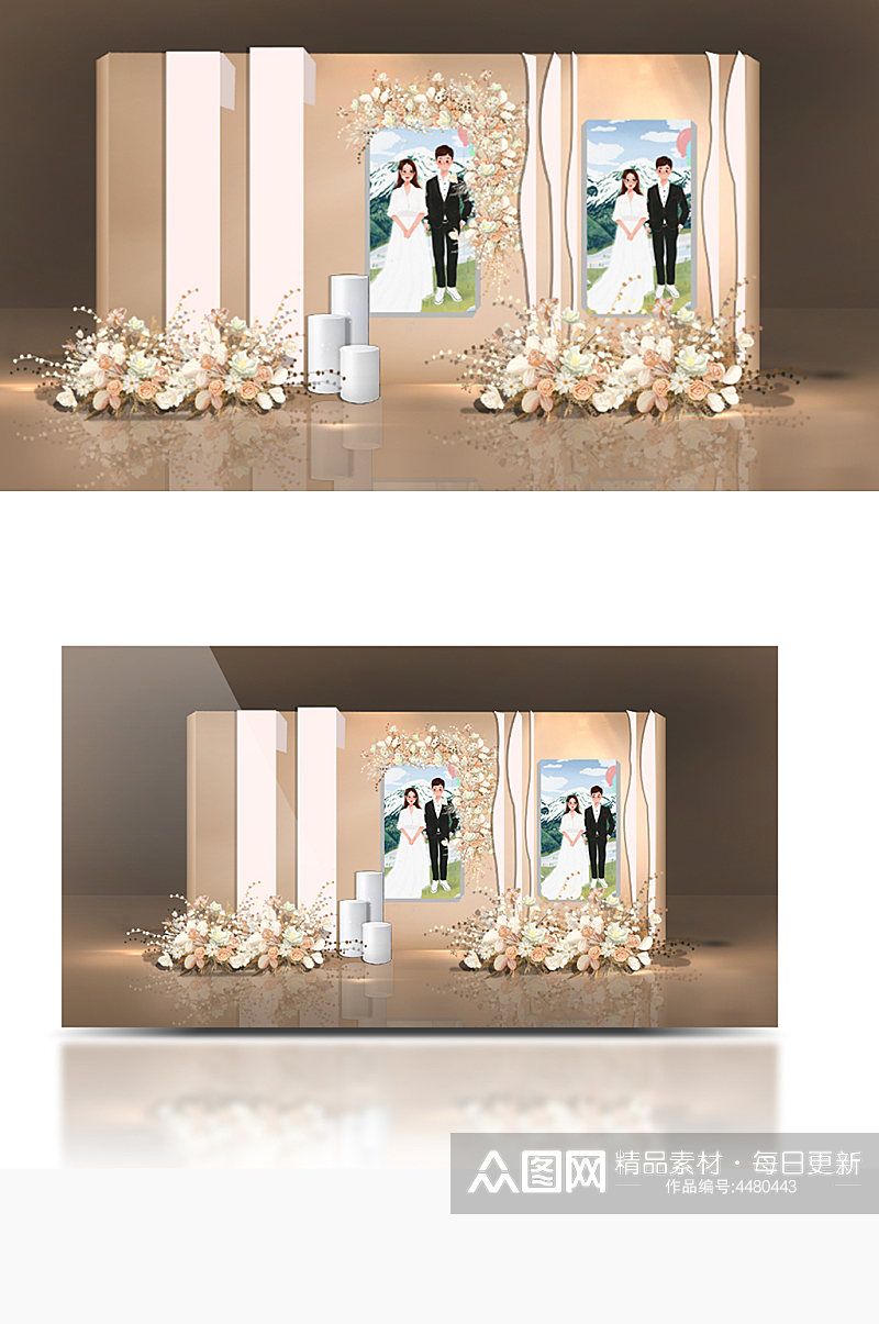 香槟色婚礼迎宾区效果图合影背景板浪漫素材
