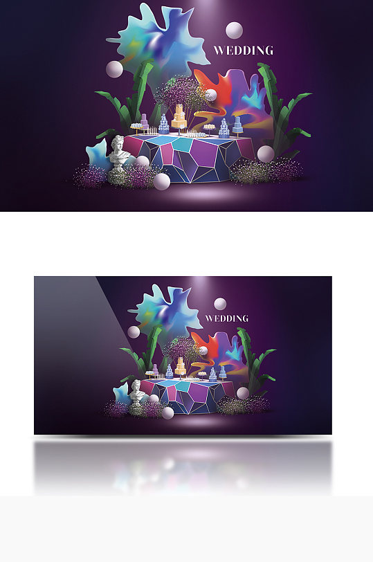 赛博朋克渐变几何形婚礼甜品区效果图合影-众图网