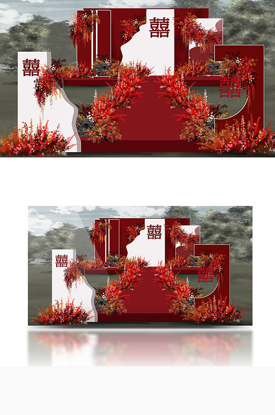 复古红白新中式户外婚礼效果图草坪合影背景-众图网