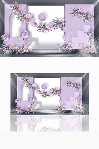 紫色创意婚礼效果图合影迎宾背景板浪漫