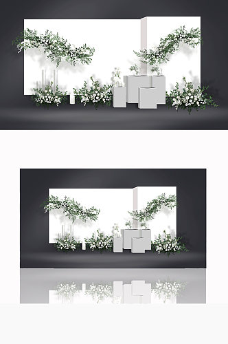 原创韩式白绿婚礼效果图合影迎宾背景板