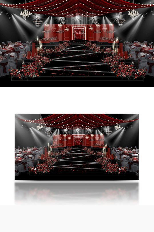 红色婚礼效果图简洁大气舞台仪式区浪漫-众图网