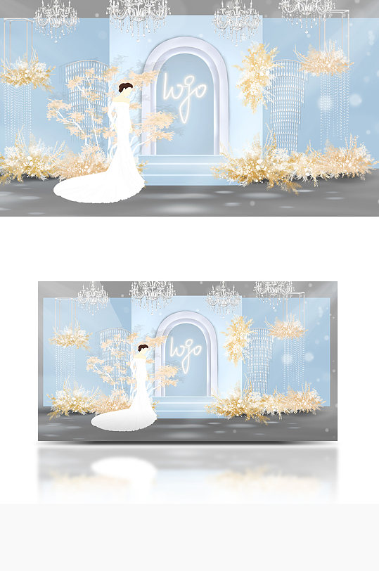 浅蓝色婚礼效果图合影迎宾背景板浪漫温馨-众图网