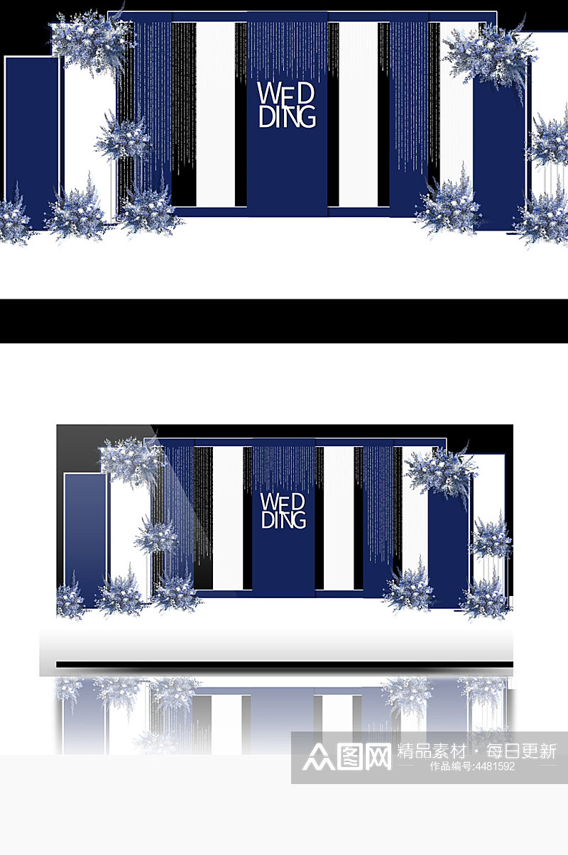 克莱因蓝婚礼引宾区设计蓝白撞色背景板素材