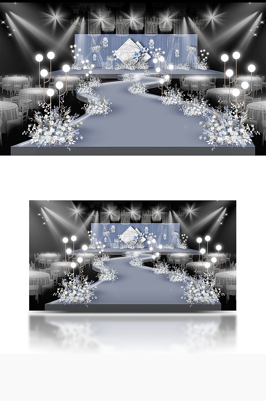 蓝色几何背景婚礼效果图舞台仪式区梦幻-众图网