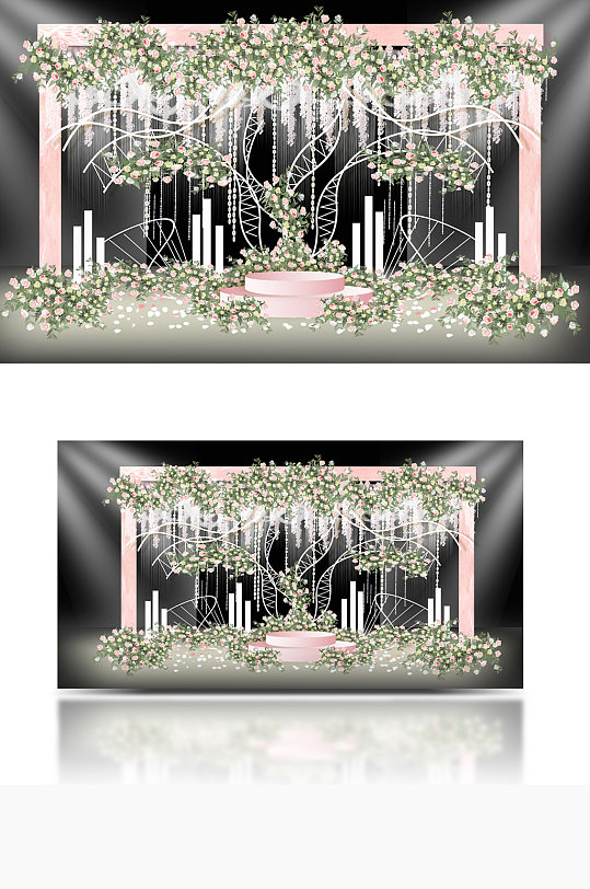 粉色唯美浪漫婚礼设计效果图舞台合影背景板-众图网