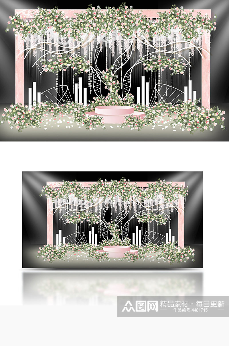 粉色唯美浪漫婚礼设计效果图舞台合影背景板素材