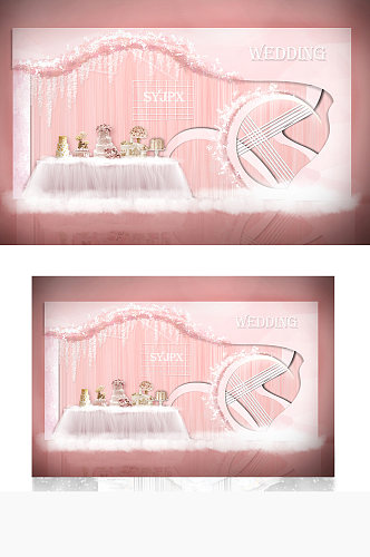 ins粉色造型婚礼甜品区效果图合影背景板