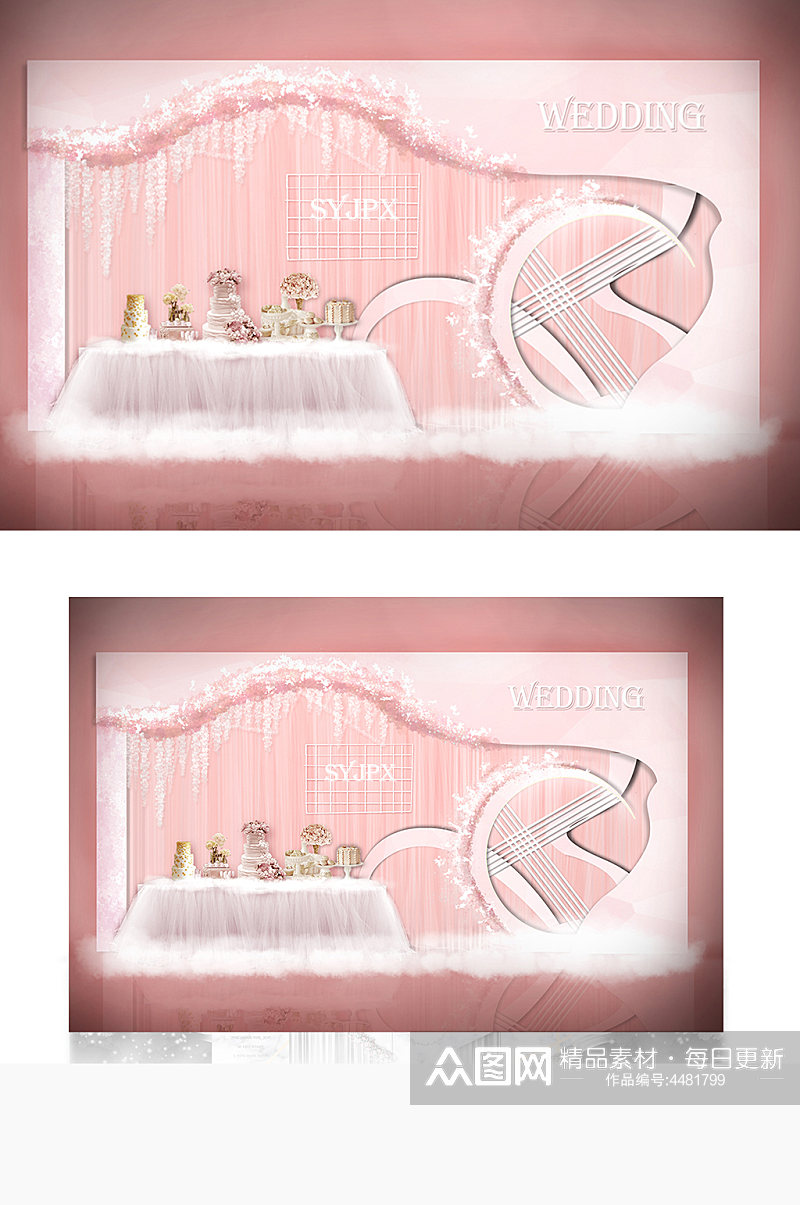 ins粉色造型婚礼甜品区效果图合影背景板素材
