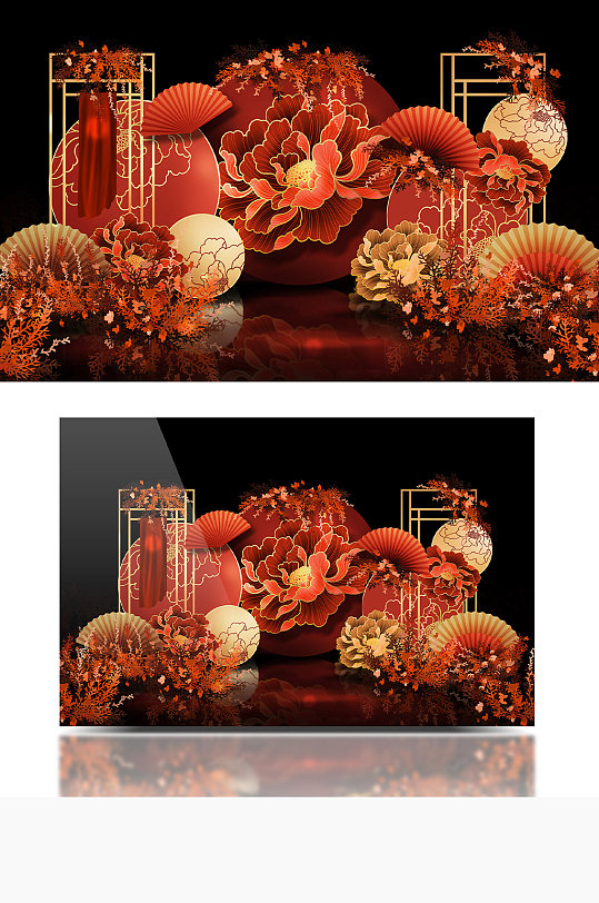 大气古典牡丹红金色中国风新中式婚礼效果图