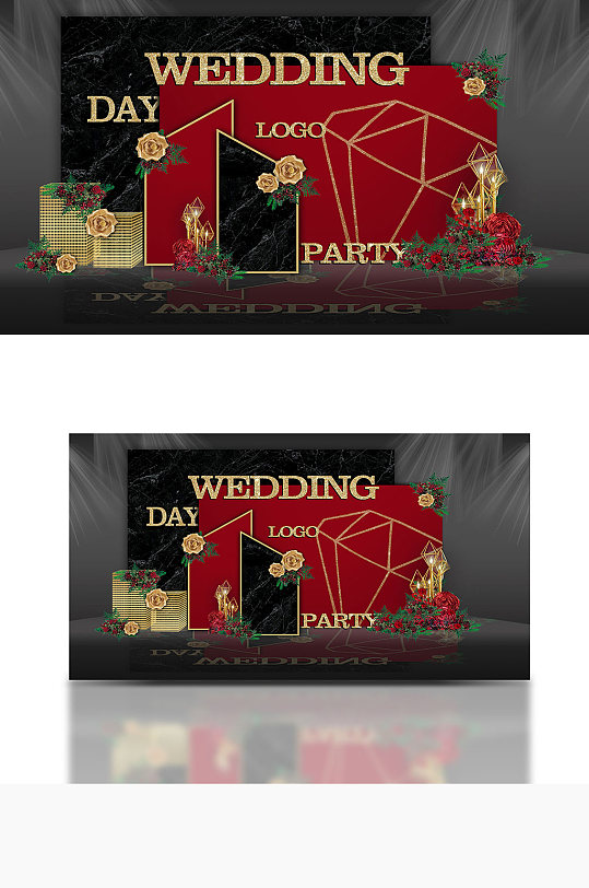 红黑金欧式浪漫大气婚礼迎宾合影背景板-众图网