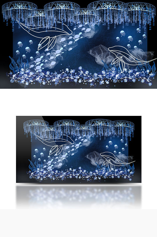 海洋婚礼主迎宾效果图蓝色梦幻合影背景板-众图网