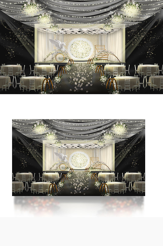 香槟色浪漫婚礼工装效果图舞台仪式区新中式-众图网