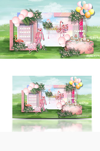 粉色火烈鸟主题婚礼迎宾区效果图草坪