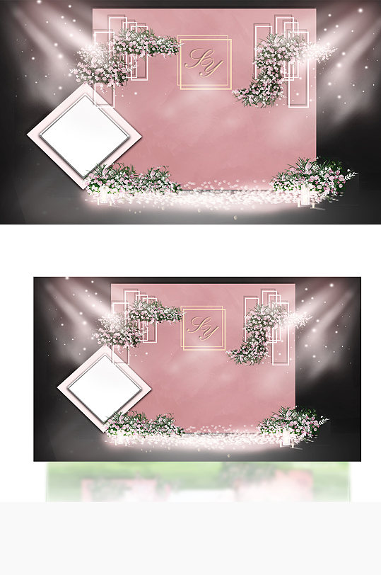 粉色婚礼效果图迎宾区简约合影背景板-众图网