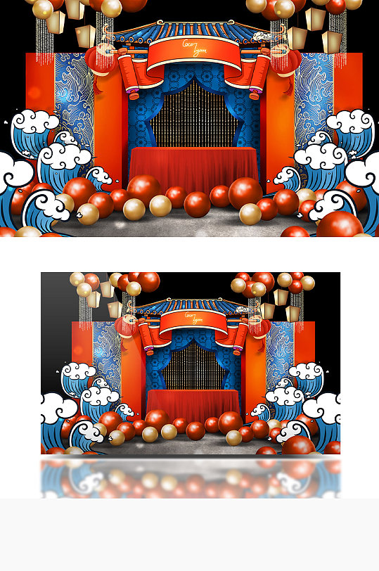 红蓝撞色喜庆国潮宝宝宴婚礼效果图迎宾生日-众图网