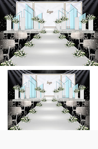 蓝白色系小清新婚礼舞台效果图简约仪式区
