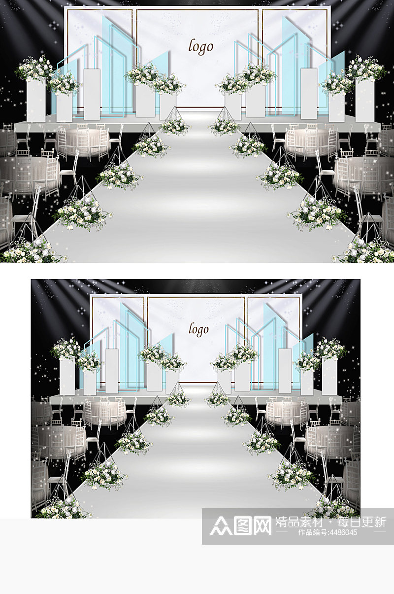 蓝白色系小清新婚礼舞台效果图简约仪式区素材