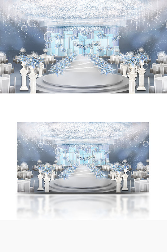 原创蓝白色婚礼设计效果图舞台仪式区清新-众图网