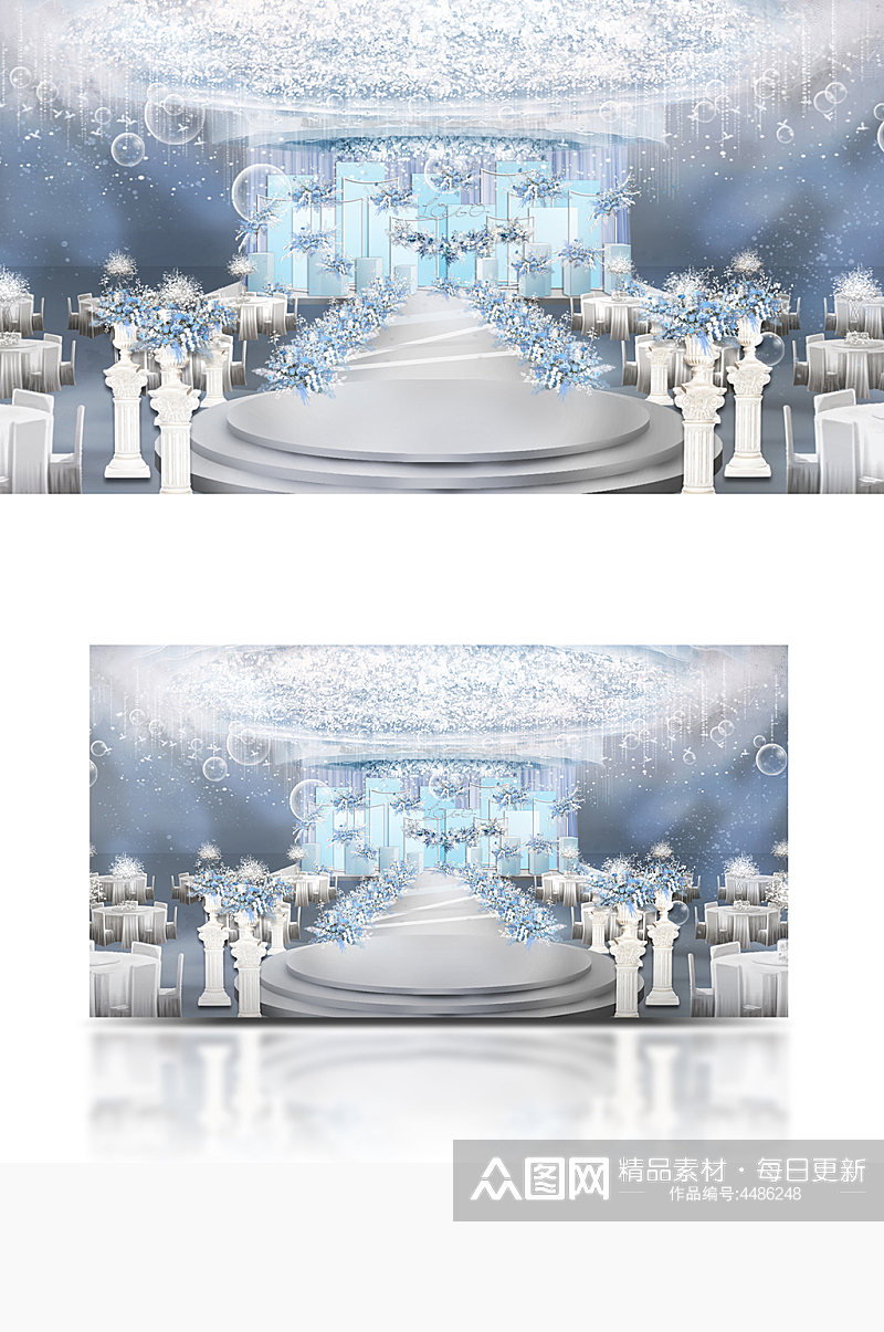 原创蓝白色婚礼设计效果图舞台仪式区清新素材