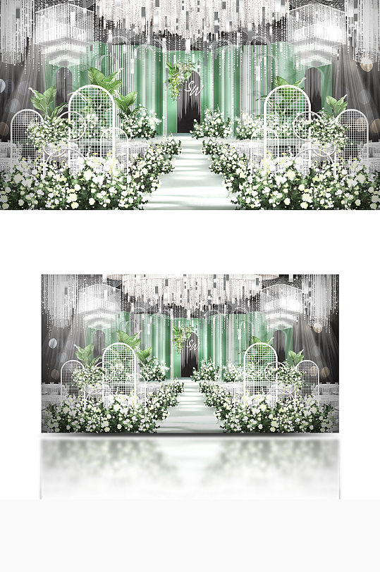 白绿色森系小清新婚礼效果图舞台仪式区-众图网