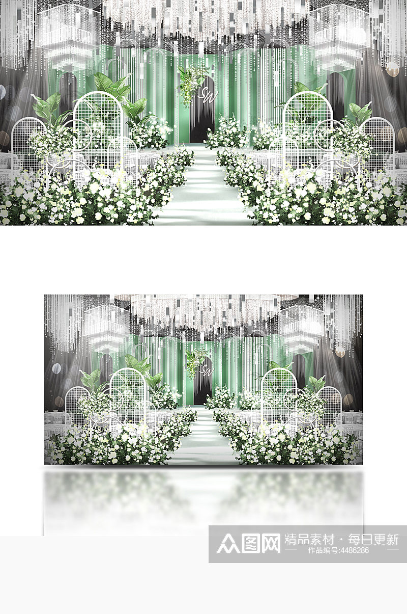 白绿色森系小清新婚礼效果图舞台仪式区素材