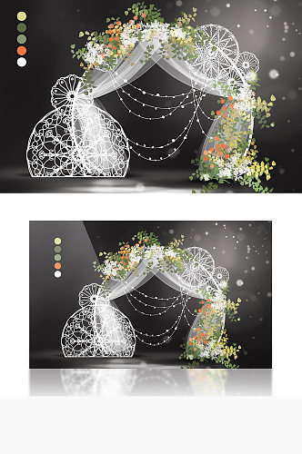 白绿橙色小清新蕾丝轻纱拱门婚礼效果图