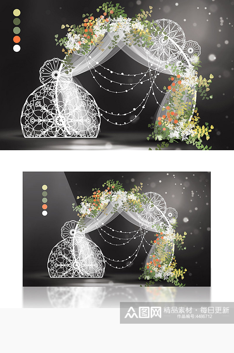 白绿橙色小清新蕾丝轻纱拱门婚礼效果图素材