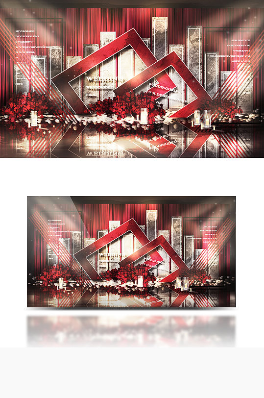 玫粉灰婚礼合影效果图唯美浪漫复古红色背景-众图网