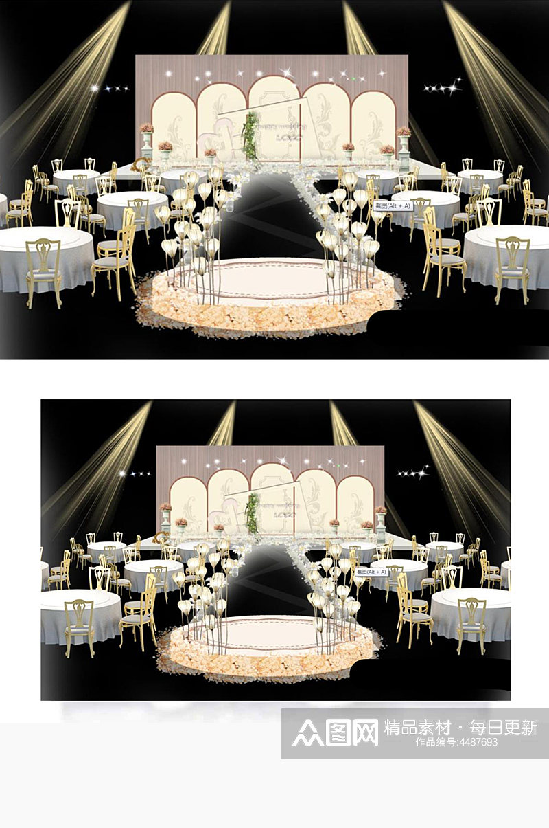 室内设计香槟色婚礼主舞台效果图仪式区素材