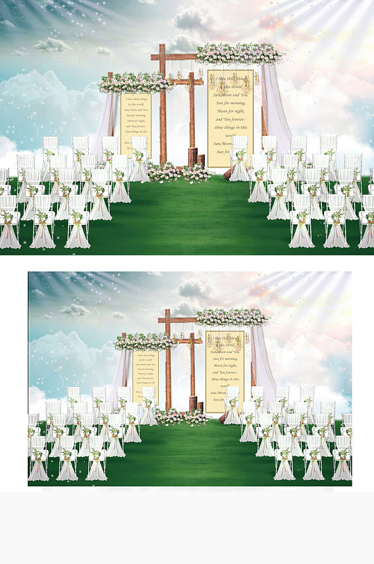 户外白绿小清新婚礼效果图唯美草坪仪式区-众图网