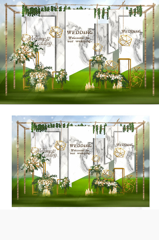 森系大理石几何形状垂吊婚礼效果图户外草坪-众图网