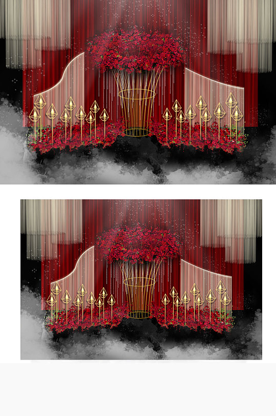 红色婚礼迎宾区效果图合影背景板舞台-众图网