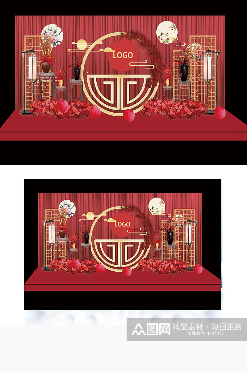 中国风红色传统婚礼迎宾工装效果图舞台合影素材