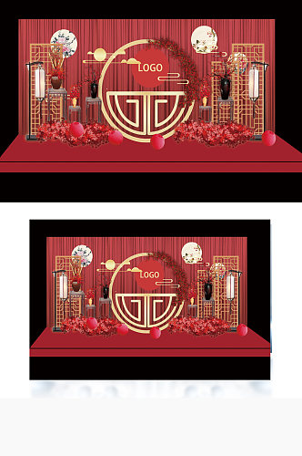 中国风红色传统婚礼迎宾工装效果图舞台合影